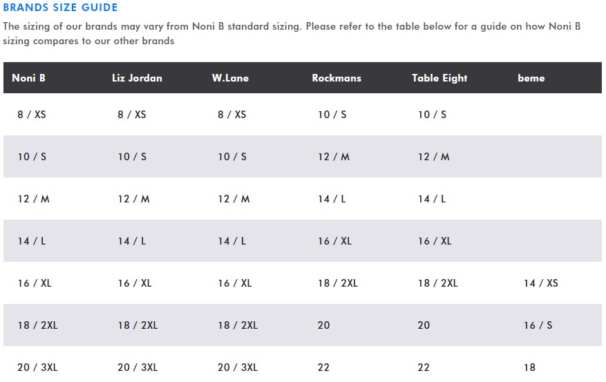 Size Guide | Noni B Australia | Ezibuy Australia